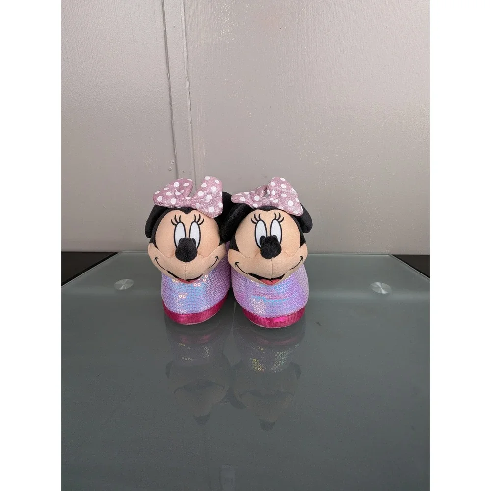 Disney Minnie Mouse Toddler Girls Sequin Plush Slippers Pink Iridescent Size 7/8
